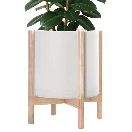 Miniatura 31 de Maceta de D'vine Dev con soporte - Maceta de flores de cilindro de plástico de 8.0 pulgadas con soporte de madera para interiores, maceta mate negra