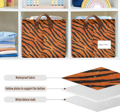 Miniatura 6 de Tigers Fur Pattern Black Orange Storage Organizer Bins and Basket Foldable Storage Cubes with Handles Organizing Clothes Blankets for Makeup Books