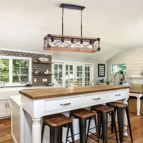 Miniatura 6 de Iluminación de Isla de Cocina Estilo Granja, Lámpara de Comedor de 5 Luces, Candelabro Lineal Estilo Granja con Madera Maciza para Comedor Cocina