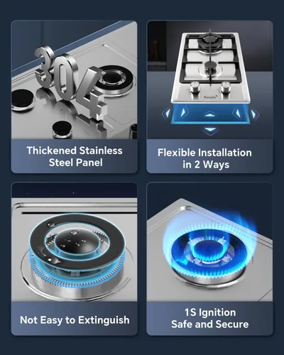 Miniatura 4 de Ranein Cocina de gas de 12 pulgadas y 2 quemadores, estufa de gas convertible de G/LPG, acero inoxidable 304 con protección contra incendios por