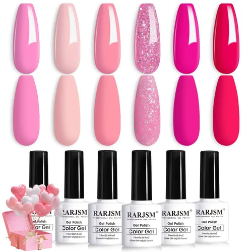 RARJSM Juego de 6 esmaltes de uñas, gel, rosa, rosa claro, neón, rosa intenso, purpurina, fucsia, cereza dulce, 0.3 oz fl, LED ultravioleta, de