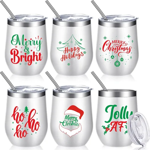 Ziliny 6 Piezas Vasos de Vino de Navidad 12 oz Vasos de Vino Aislados de Acero Inoxidable de Navidad con Tapa y Pajita Divertidas Tazas de Café con