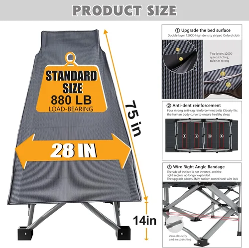 Miniatura 6 de ABORON Catre de Camping para Adultos de 28" Extra Ancho, Resistente 1200D Oxford Catre para Dormir, Cama de Campamento Plegable Portátil con Gris