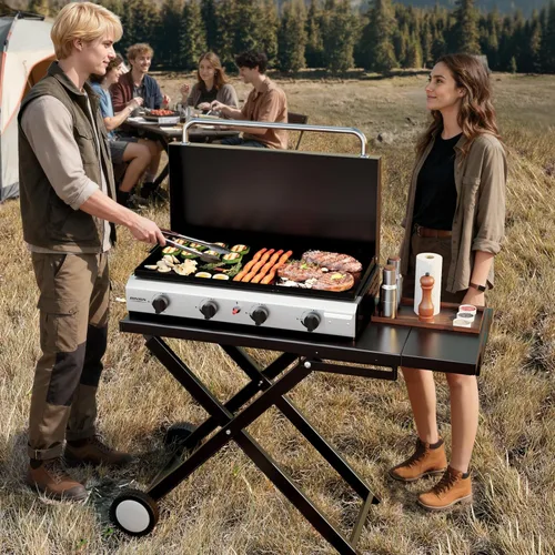 Miniatura 7 de ROVSUN Parrilla plegable de 4 quemadores de propano con ruedas, bandeja esmaltada y tapa, parrilla de gas portátil de 40,000 BTU con encendido