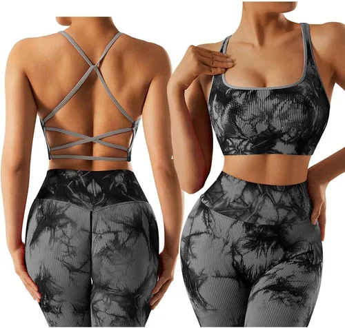 OMKAGI Conjunto de entrenamiento acanalado para mujer, sin costuras, brasier deportivo con tiras y levantamiento de glúteos