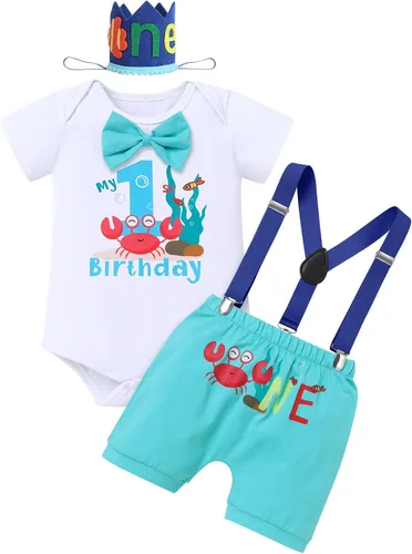 IMEKIS Conjunto de ropa para bebé niño con estampado de pastel de 1er cumpleaños con corbatín + tirantes + pantalones cortos + corona de baloncesto