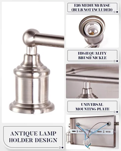 Miniatura 4 de Lámpara de tocador de 3 luces, moderna lámpara de pared de níquel cepillado, iluminación industrial de pared de tocador de baño para espejo, base