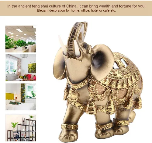 Miniatura 9 de ZJchao Escultura de elefante dorado, artesanía de la suerte, estatua de elefante dorado de Feng Shui, figura de riqueza para decoración del hogar (L)