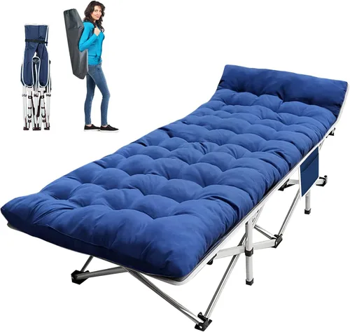 Miniatura 12 de Paquete de 2 catres de camping con colchón para dormir con almohadilla cómoda, cama de campamento resistente para adultos, catre plegable para casa