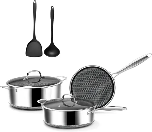 Juego de utensilios de cocina de acero inoxidable de 5 capas de 7 piezas con tapas, ollas y sartenes, antiadherentes, no tóxicos, para inducción,