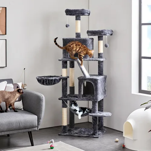 Miniatura 3 de Yaheetech Árbol para gatos de varios niveles, torre para gatos de 71.5 pulgadas de alto con 2 condominios de felpa, 2 perchas acolchadas, hamaca