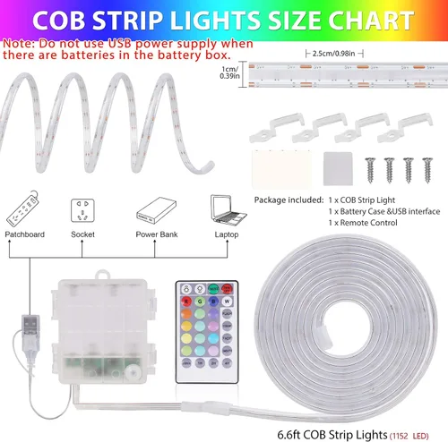 Miniatura 6 de OMIKA Tira de luces LED COB RGB de 6.6 pies, funciona con pilas, control remoto, regulable, cambio de color, tira de luces LED de batería, cortables