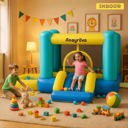Miniatura 6 de Casa Inflable de Rebote para Niños de 3 a 6 Años, Castillo Hinchable para Interiores y Exteriores con Fosa de Pelotas, Aro de Baloncesto, Juego