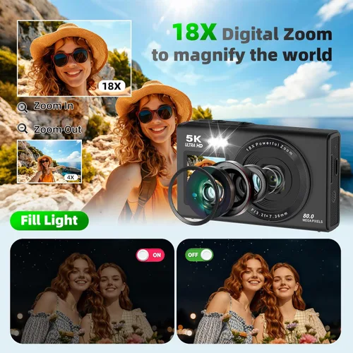 Miniatura 5 de Cámaras digitales de 5K 80MP para fotografía con pantalla dual, cámara de enfoque automático para vlogging para YouTube, cámara compacta de apuntar