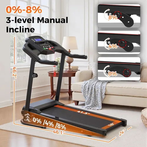 Miniatura 6 de Lastforever Caminadora plegable para uso doméstico, motor silencioso de 2.5 HP, 0.5 a 7.5 MPH con 8% de inclinación manual, cinta de correr Negro