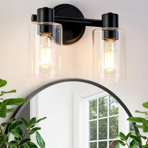 Miniatura 12 de Apliques de Pared de Baño de 2 Luces con Cristal Transparente, Luces de Pared de Baño Sobre Espejo, Luces de Tocador Cromadas con Base E26 Cromo