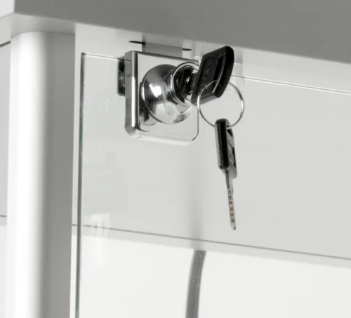 Miniatura 7 de Displays2go Escaparate de torre de cristal, 5 estantes ajustables, ruedas, luz LED, plata (153CPLEDSL)