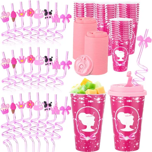 Miniatura 31 de Yungyan 16 juegos de tazas de golosinas con tapas y pajitas para decoraciones de cumpleaños, reutilizables, 16 onzas, vasos de plástico para dulces