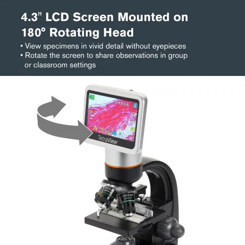 Miniatura 3 de Celestron – Microscopio digital LCD TetraView – Pantalla de 4.3" – Cámara de 5MP – Aumento de 40x–1600x – Cabezal giratorio – Tarjeta SD incluida