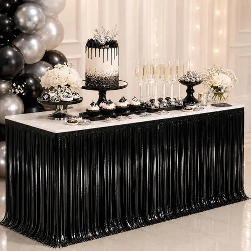 Miniatura 16 de Faldas de mesa de oropel de papel metálico con flecos para mesas rectangulares, cortinas de serpentina, telón de fondo para cumpleaños, boda