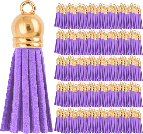 Miniatura 113 de Mandala Crafts 100 borlas de gamuza sintética color aguamarina con tapa dorada, suministros para hacer llaveros a granel, pequeñas borlas de cuero