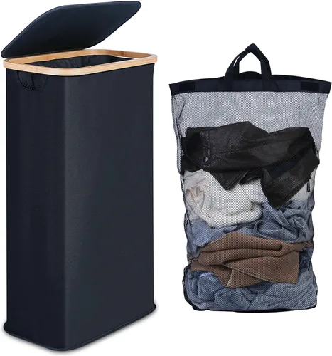 Miniatura 36 de efluky Cesta de lavandería con tapa y bolsa extraíble, cesta de lavandería de 100 litros de alto con asas de bambú, papelera estética para ropa Gris