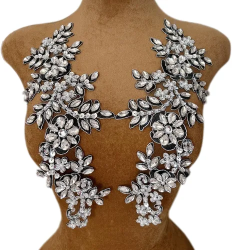 Miniatura 8 de 1 par de decoraciones de vestido de novia de 5.1 x 13.4 in, parches de encaje para coser con cuentas de diamantes de imitación sueltas, piedras
