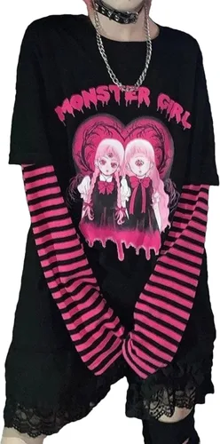 PAROSEN Camisa gótica para mujer, camisas kawaii Harajuku moda gótica Y2K Grunge Tops para adolescentes niñas Anime manga larga