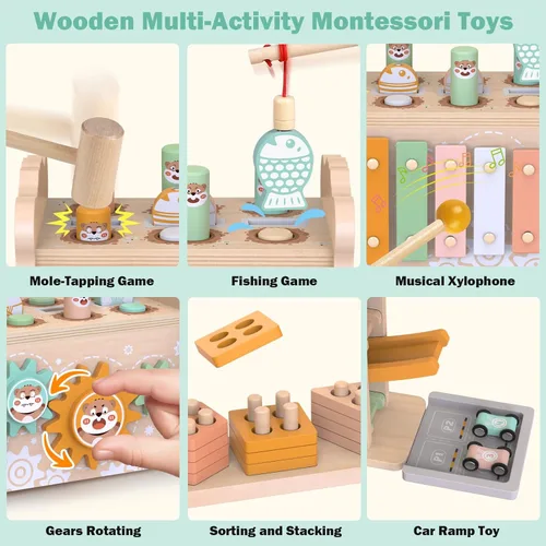 Miniatura 8 de Juguetes de madera Montessori para niños pequeños de 1 a 3 años, juguete de martillado y golpeo para bebés con xilófono y juego de pesca, pista
