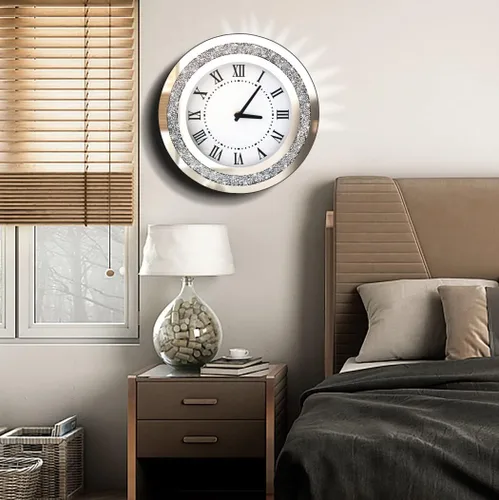 Miniatura 4 de Reloj de pared redondo con espejo plateado de 12 pulgadas con cristales brillantes y diamantes de imitación para decoración de pared, espejo