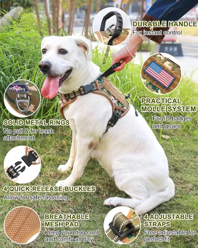 Miniatura 2 de Hotsky Arnés táctico para perro, chaleco ajustable para perro, arnés reflectante militar para mascotas, con asa de control, paneles Molle Loop