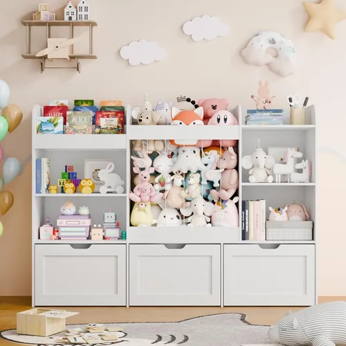 Miniatura 5 de Organizador de almacenamiento de juguetes para niños de 61 pulgadas de ancho con estantería, organizadores de juguetes extra grandes con Blanco