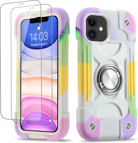 Miniatura 29 de Funda para iPhone 11 de 6.1 pulgadas con soporte de anillo, con 2 protectores de pantalla de vidrio, resistente a los golpes, resistente a