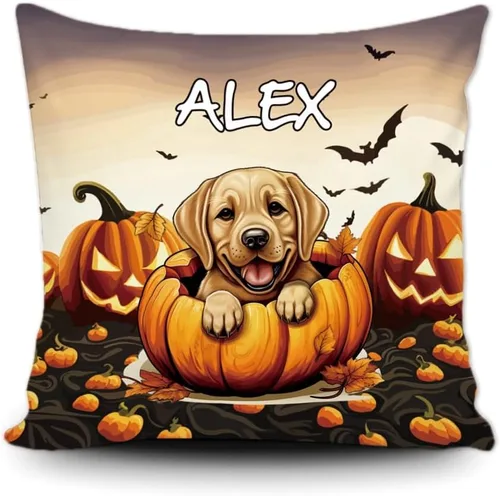 Miniatura 9 de Funda de almohada personalizada de Halloween, diseño de perro Golden Retriever, calabaza, cachorro inteligente, funda de cojín decorativa de lona 34