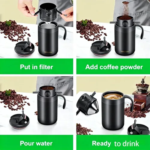 Miniatura 4 de Cafetera portátil de 16 onzas con filtro plegable y agitador, taza de viaje aislada de acero inoxidable con tapa, no necesita filtro de papel, sin
