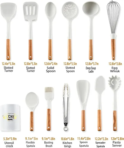 Miniatura 2 de Juego de utensilios de cocina de silicona, 446 °F resistente al calor, mango de madera de 13 piezas para juego de cocina antiadherente (sin BPA)