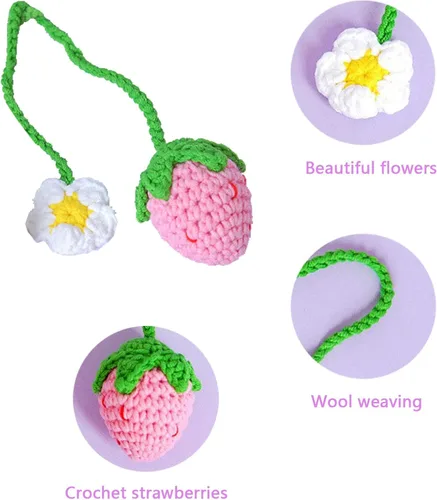 Miniatura 3 de Accesorios colgantes para espejo de automóvil, 2 piezas de ganchillo de fresa, accesorios de automóvil, lindos accesorios para espejo retrovisor