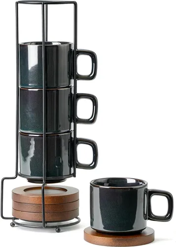 Miniatura 13 de LUKA Tazas de Porcelana Apilables a Cuadros Blancos y Negros para Espresso con Platillos y Soporte de Metal, Juego de Tazas Pequeñas de Cerámica