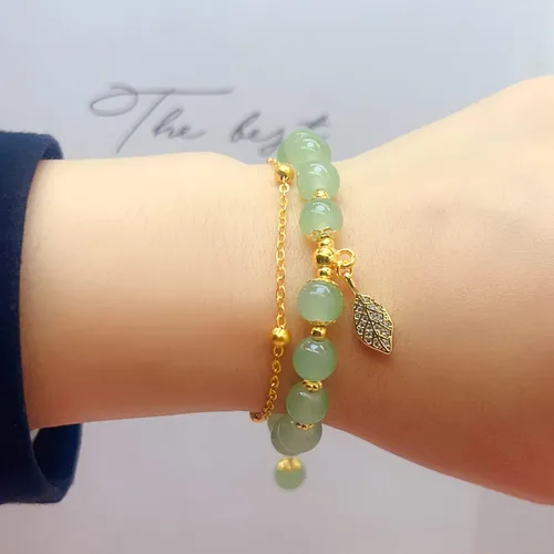 Miniatura 6 de CJIAYUJEW Hotan - Pulsera de hoja de jade natural de 2 capas de nefrita verde para mujer, diseño de cuentas redondas con dije de hoja de circón