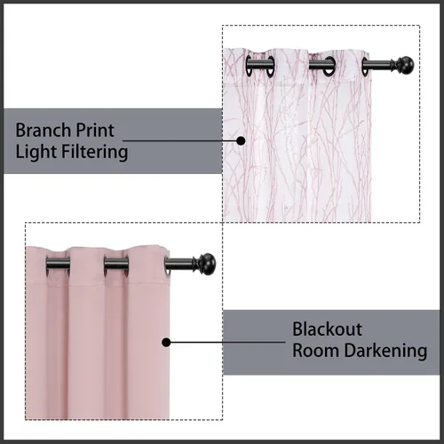 Miniatura 3 de BONZER Cortinas para Mezclar y Combinar - 2 Piezas de Cortinas Transparentes con Estampado de Ramas y 2 Piezas de Cortinas Opacas para Dormitorio