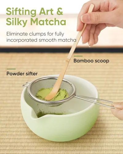Miniatura 3 de Joiish Juego de batidor matcha, kit de 5 piezas, tazón de cerámica con asa y soporte, batidor de bambú, tamiz, cuchara, herramientas tradicionales