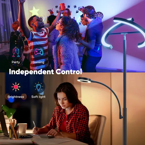Miniatura 3 de SIBRILLE Lámpara de pie RGBCW mejorada de 36 W con anillo de lectura, lámpara de pie LED giratoria con control remoto, luz de pie regulable, luz