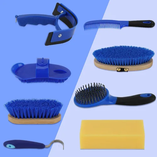 Miniatura 7 de Kit de aseo de 9 piezas con bolsa de mano, juego de cepillos para caballo, raspador de sudor, esponja, púa de pezuñas, peine de curry para jinetes