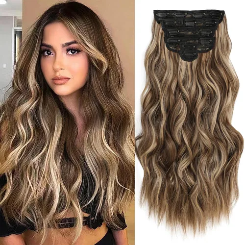 Miniatura 14 de Extensiones de cabello con clip para mujer, negro natural con reflejos marrones, 20 pulgadas, 6 piezas, extensiones de cabello largo, ondulado