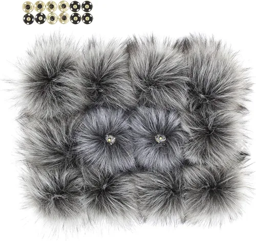 Furling Pompoms 12 pompones de piel sintética de mapache esponjoso con botón de presión para sombreros de punto, bufandas, accesorios de 5.5 Gris