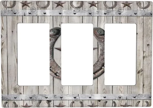 Miniatura 99 de Cubiertas de pared de estilo rústico occidental de madera puerta de granero herradura de hierro estrella placas de pared simple dúplex cubiertas
