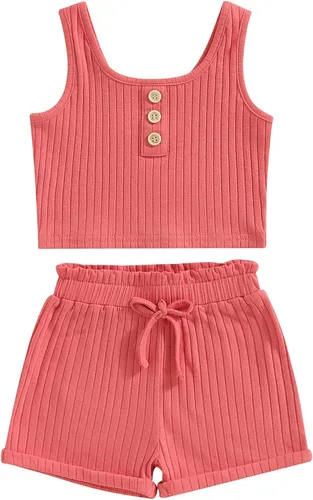 Conjunto de ropa de verano para niñas pequeñas, chaleco acanalado con botones de color sólido, pantalones cortos con cordón