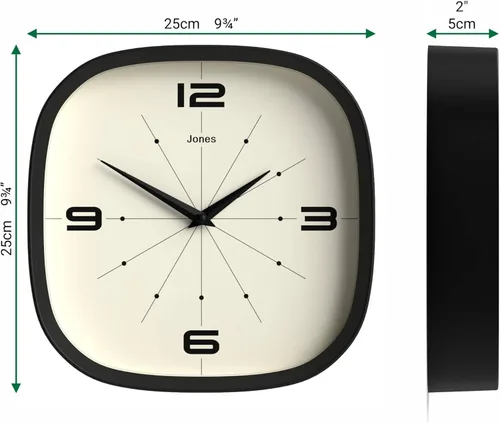 Miniatura 4 de JONES CLOCKS® Pulsar - Reloj de pared Reloj retro cuadrado redondeado 10 pulgadas Negro Aspecto de diseñador genial para cocina, sala