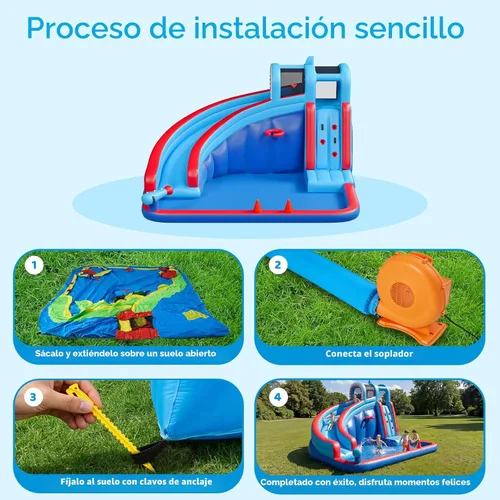 Miniatura 6 de Tobogán acuático inflable para patio trasero de niños con soplador de 450 W, castillo de salto con tobogán de agua, parque acuático para actividades