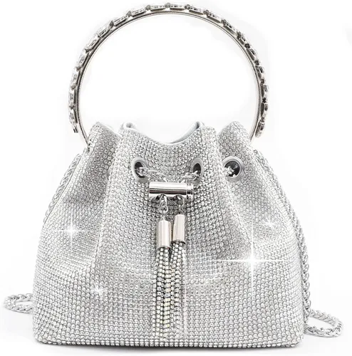Women's Silver Rhinestone Purse Luxury Diamond Shining Clutch Chain Crossbody Bucket Bling Bling Evening Bag